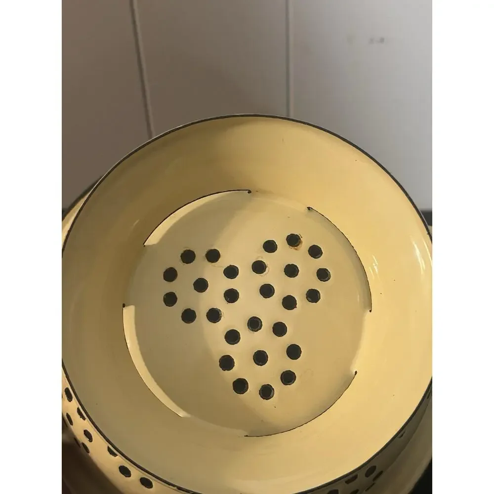Vintage Enamelware Footed Colander Strainer Yellow Green Floral Farmhouse
